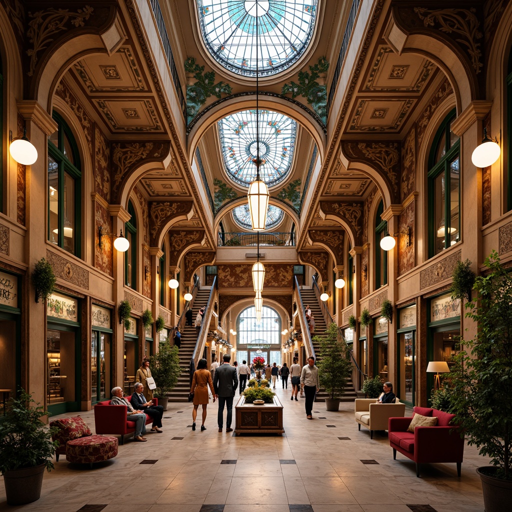 Prompt: Grand market hall, ornate Art Nouveau details, flowing organic lines, sinuous curves, floral patterns, elegant archways, intricate moldings, luxurious chandeliers, stained glass ceilings, vibrant jewel-toned colors, rich textiles, velvety soft furnishings, polished marble floors, ornamental ironwork, grand staircases, dramatic ceiling heights, warm golden lighting, shallow depth of field, 1/1 composition, realistic textures, ambient occlusion.