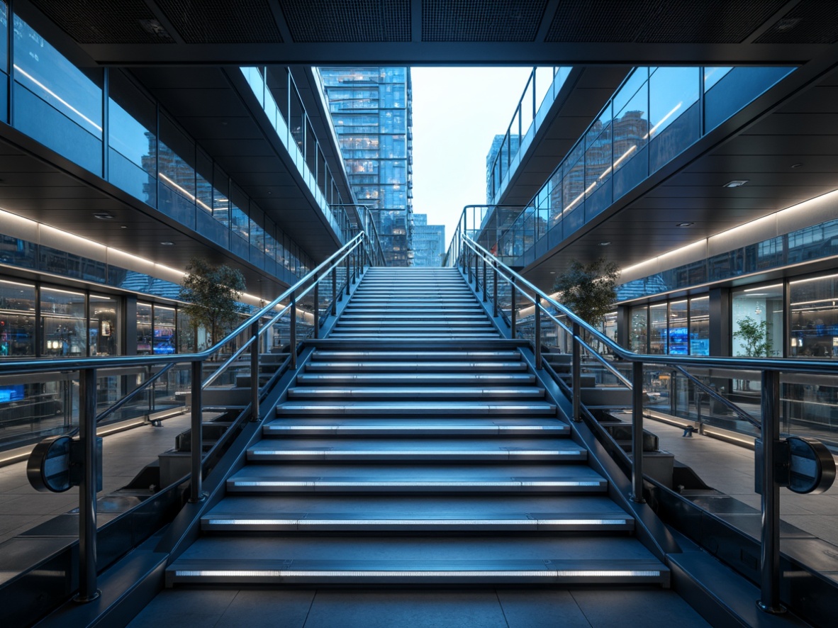 Prompt: Sleek staircase, futuristic architecture, metallic railings, neon-lit handrails, glowing LED lights, cantilevered steps, minimalist design, polished chrome accents, glass balustrades, open-riser stairs, floating landings, panoramic views, ambient lighting, shallow depth of field, 1/1 composition, realistic reflections, intricate geometric patterns, holographic projections, high-tech materials, luxurious textiles, avant-garde aesthetic.