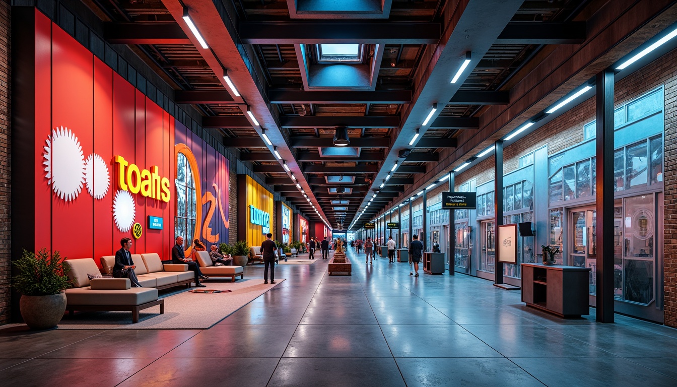 Prompt: Vibrant train station, expressionist architecture, bold color schemes, eclectic mix of materials, industrial chic, exposed brick walls, polished concrete floors, metallic accents, reclaimed wood beams, neon light installations, futuristic digital displays, sleek stainless steel fixtures, geometric patterned tiles, textured glass partitions, atmospheric mood lighting, shallow depth of field, 1/1 composition, realistic textures, ambient occlusion.