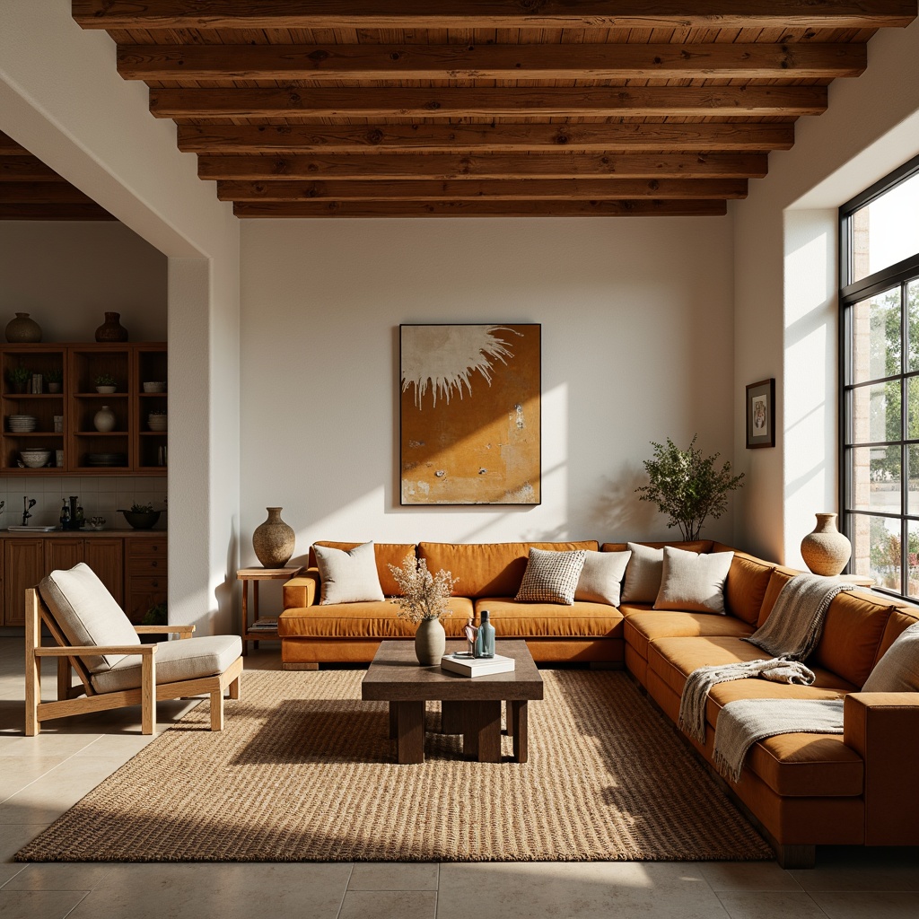 Prompt: Cozy living room, plush velvet sofas, soft woven blankets, warm beige walls, dark wood coffee tables, vintage Moroccan-inspired rugs, comfortable oversized armchairs, rustic wooden shelves, earthy-toned ceramic vases, natural fiber throw pillows, organic cotton upholstery, inviting reading nooks, floor-to-ceiling windows, gentle morning light, shallow depth of field, 1/2 composition, realistic textures, ambient occlusion.