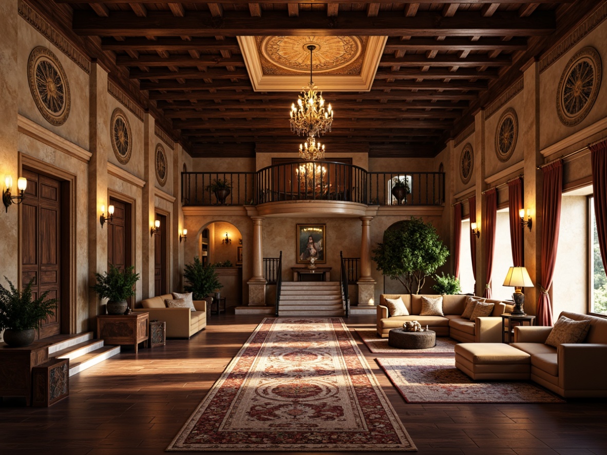 Prompt: Luxurious Renaissance-inspired interior, dark hardwood floors, intricately patterned rugs, ornate tile work, polished marble surfaces, richly textured stone walls, grand chandeliers, warm golden lighting, opulent furnishings, lavish drapery, Baroque architectural elements, classical columns, ornate carvings, gilded accents, regal atmosphere, dramatic ceiling heights, sweeping staircases, majestic archways, rustic wooden beams, soft warm color palette, subtle sheen finish, 3/4 composition, realistic textures, ambient occlusion.