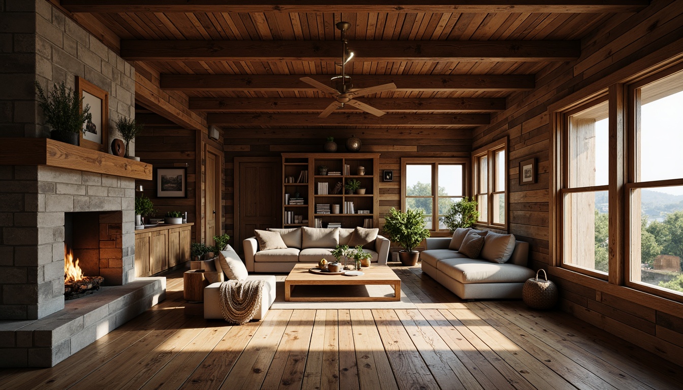 Prompt: Rustic cabin, wooden accents, distressed wood planks, earthy tones, natural textures, reclaimed barn wood, wide plank flooring, dark hardwood floors, wooden beams, stone walls, cozy fireplaces, vintage furniture, soft warm lighting, shallow depth of field, 1/1 composition, realistic wood grain, ambient occlusion.