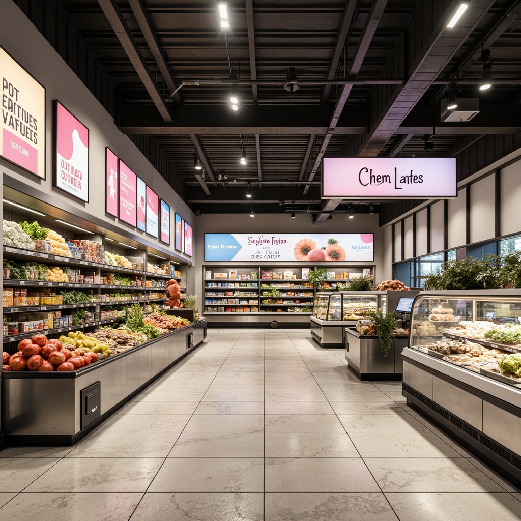 Prompt: Sleek grocery store interior, modern signage, minimalist typography, pastel color palette, polished metal shelves, glass display cases, LED lighting, industrial-chic flooring, urban loft-inspired ceiling, geometric patterns, clean lines, functional layout, 3/4 composition, softbox lighting, shallow depth of field, realistic textures, ambient occlusion.