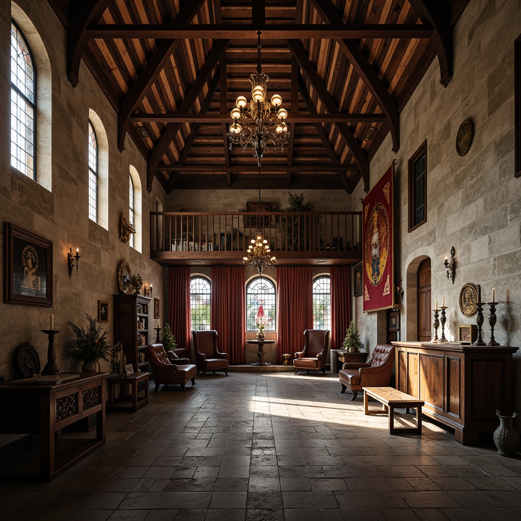 Prompt: Rustic monastery interior, distressed stone walls, worn wooden floors, ornate metal chandeliers, stained glass windows, grandiose vaulted ceilings, rich tapestries, velvet drapes, intricately carved wooden furniture, antique relics, soft warm candlelight, dramatic shadows, 1/1 composition, shallow depth of field, realistic textures, ambient occlusion.