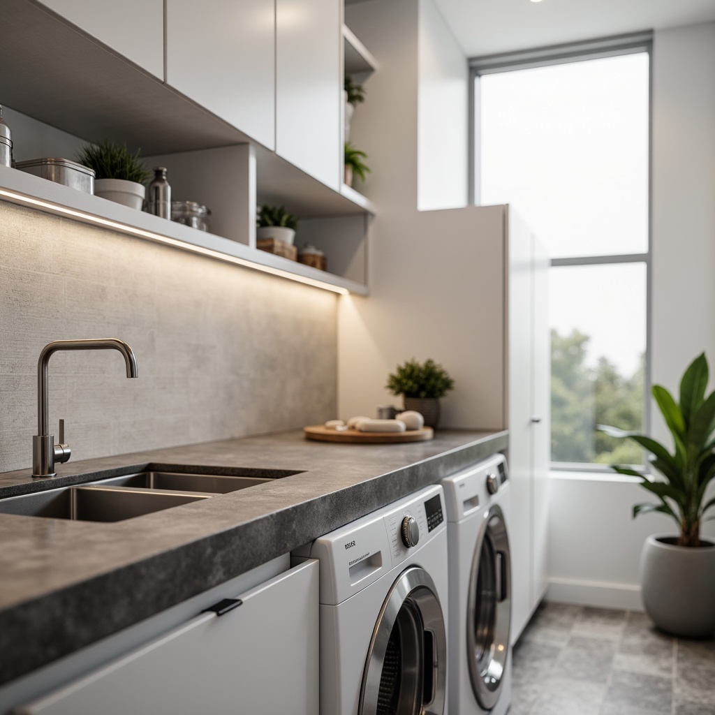 Prompt: Modern laundry room, sleek countertops, durable quartz surfaces, subtle gray tones, glossy finishes, undermount sink, chrome faucet, built-in washer dryer combo, ample storage cabinets, crisp white walls, polished metal hardware, soft warm lighting, shallow depth of field, 1/1 composition, realistic textures, ambient occlusion.