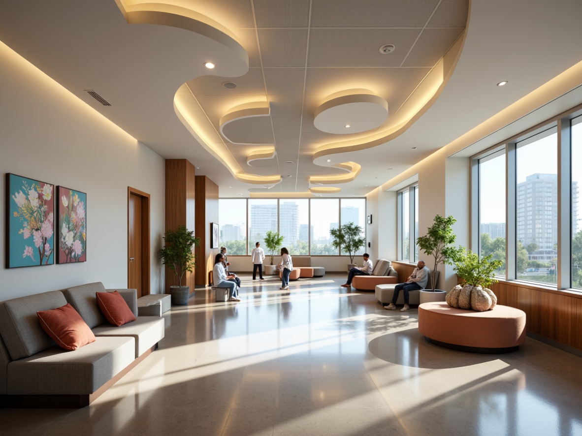 Prompt: Modern hospital interior, functional furnishings, comfortable seating areas, warm wood accents, soothing color schemes, natural light exposure, minimal clutter, ergonomic furniture, adjustable lighting systems, acoustic soundproofing, circular nurse stations, private patient rooms, large windows, cityscape views, abstract artwork, calming ambiance, soft diffused lighting, shallow depth of field, 1/2 composition, realistic textures, ambient occlusion.