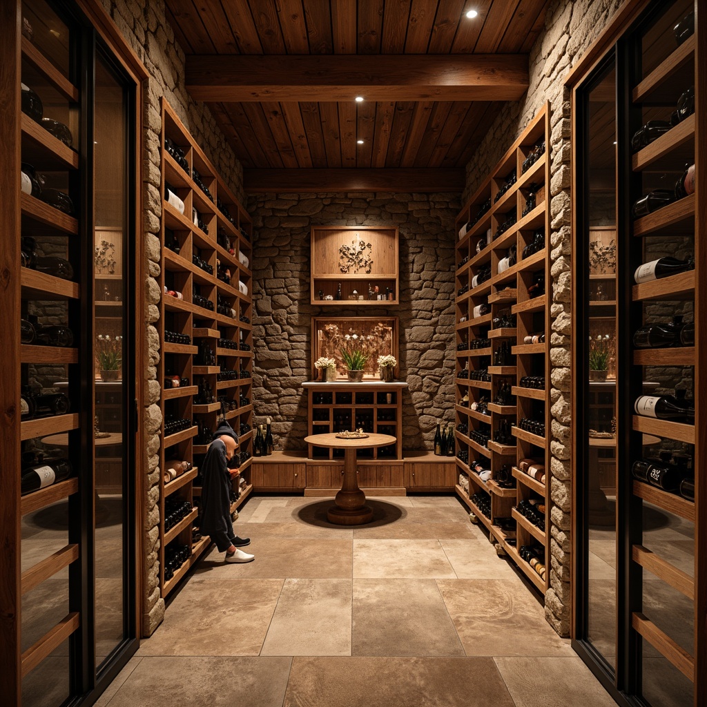 Prompt: Luxurious wine cellar, rich wood tones, stone walls, dim warm lighting, rustic ambiance, natural stone flooring, reclaimed wood planks, dark stained hardwood, polished concrete floors, industrial chic decor, metal accents, glass enclosures, temperature control systems, humidity regulation, wine racks, wooden crates, soft warm glow, shallow depth of field, 3/4 composition, realistic textures.