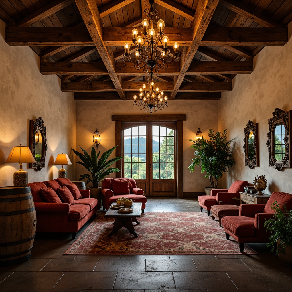 Prompt: Rustic winery, distressed wood accents, vintage metal decor, soft warm lighting, elegant chandeliers, plush velvet armchairs, reclaimed wood coffee tables, ornate mirrors, floral patterned rugs, natural stone floors, earthy color palette, wine barrel decorations, grapevine-inspired motifs, candlelit ambiance, cozy reading nooks, comfortable sectional sofas, oversized wooden doors, decorative wrought iron details, aged leather upholstery, romantic atmosphere, soft focus, warm color grading.