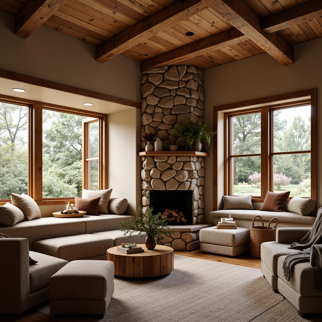 Prompt: Cozy craftsman-style living room, built-in window seats, plush cushions, wooden cabinetry, earthy color palette, natural stone fireplace, rustic wooden beams, comfortable reading nook, warm soft lighting, 1/2 composition, shallow depth of field, realistic textures, ambient occlusion.