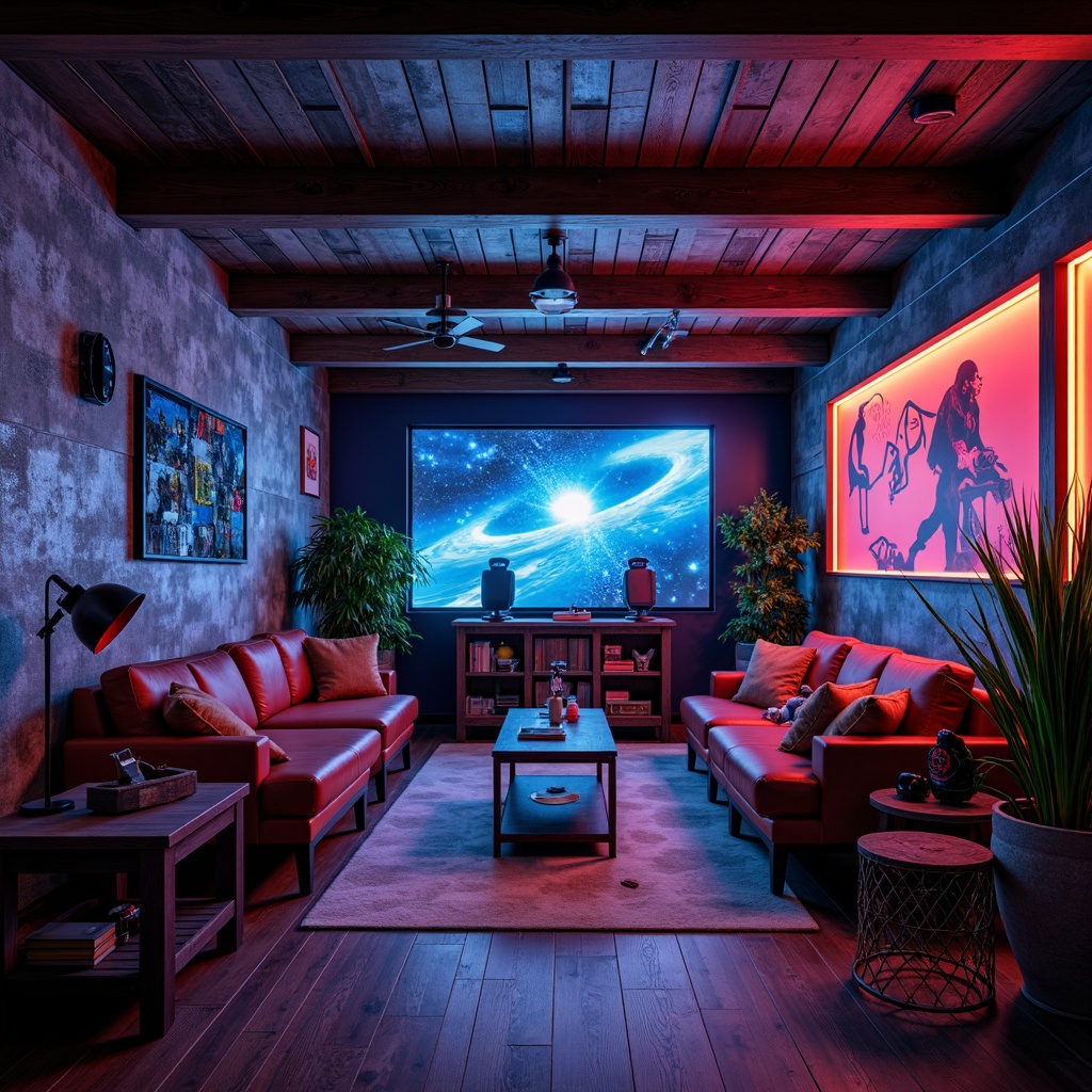 Prompt: Cozy game room, dimmable LED lights, neon accents, futuristic glow, ambient shadows, dark wood paneling, comfortable seating areas, high-tech gaming stations, virtual reality setups, surround sound systems, vibrant color schemes, abstract geometric patterns, industrial metal decor, exposed brick walls, warm atmospheric lighting, softbox illumination, 1/2 composition, shallow depth of field, realistic textures.