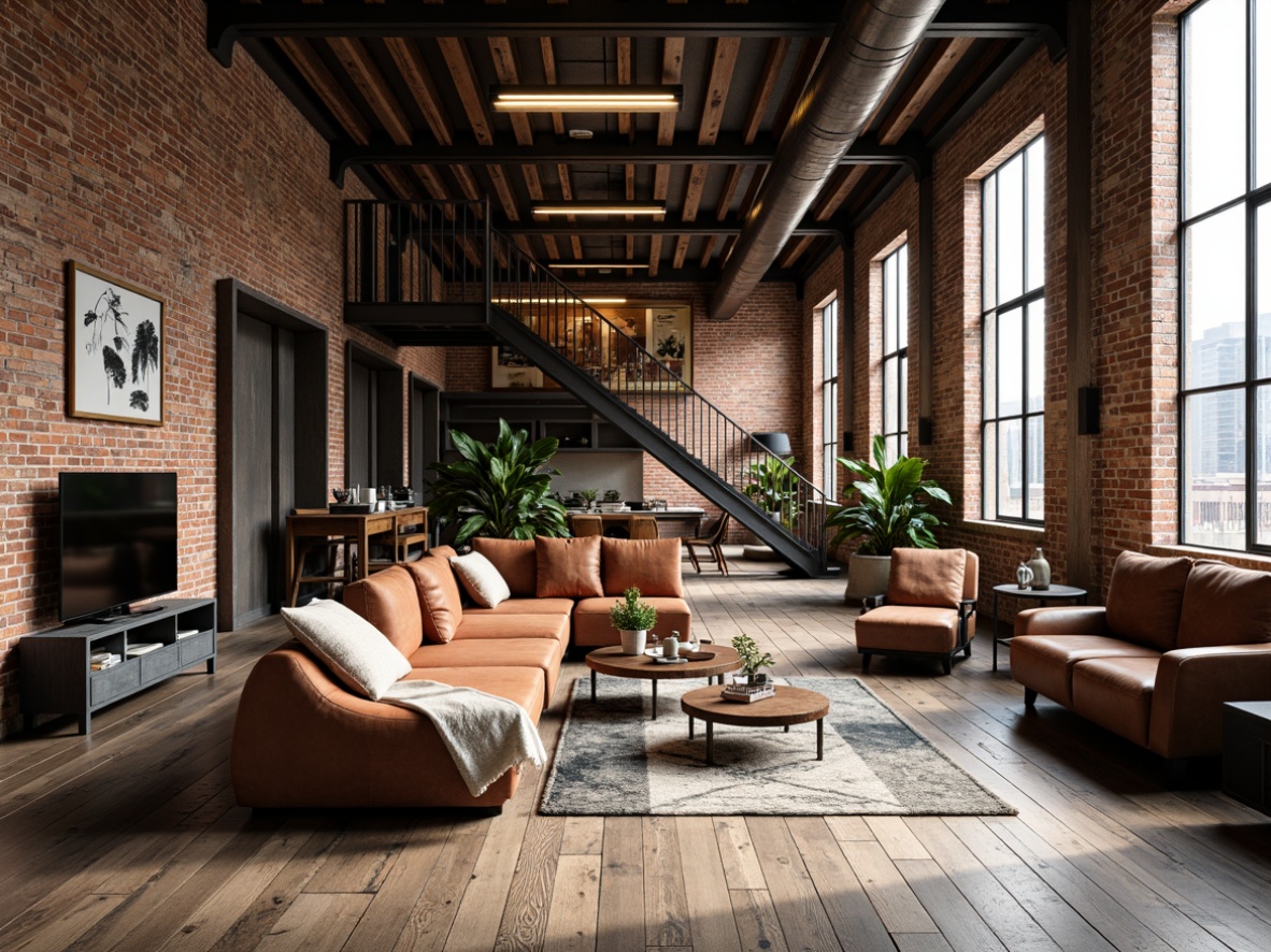 Prompt: Exposed brick walls, distressed wood flooring, industrial-style metal beams, urban loft atmosphere, high ceilings, large windows, natural light pouring in, modern minimalist decor, reclaimed wood accents, Edison bulb lighting, steel staircase, concrete floors, rough-textured walls, open-plan living space, functional design elements, mechanical ductwork, bold color scheme, eclectic furniture pieces, vintage industrial machinery, gritty urban feel, dramatic shadows, warm softbox lighting, shallow depth of field, 2/3 composition, cinematic framing.