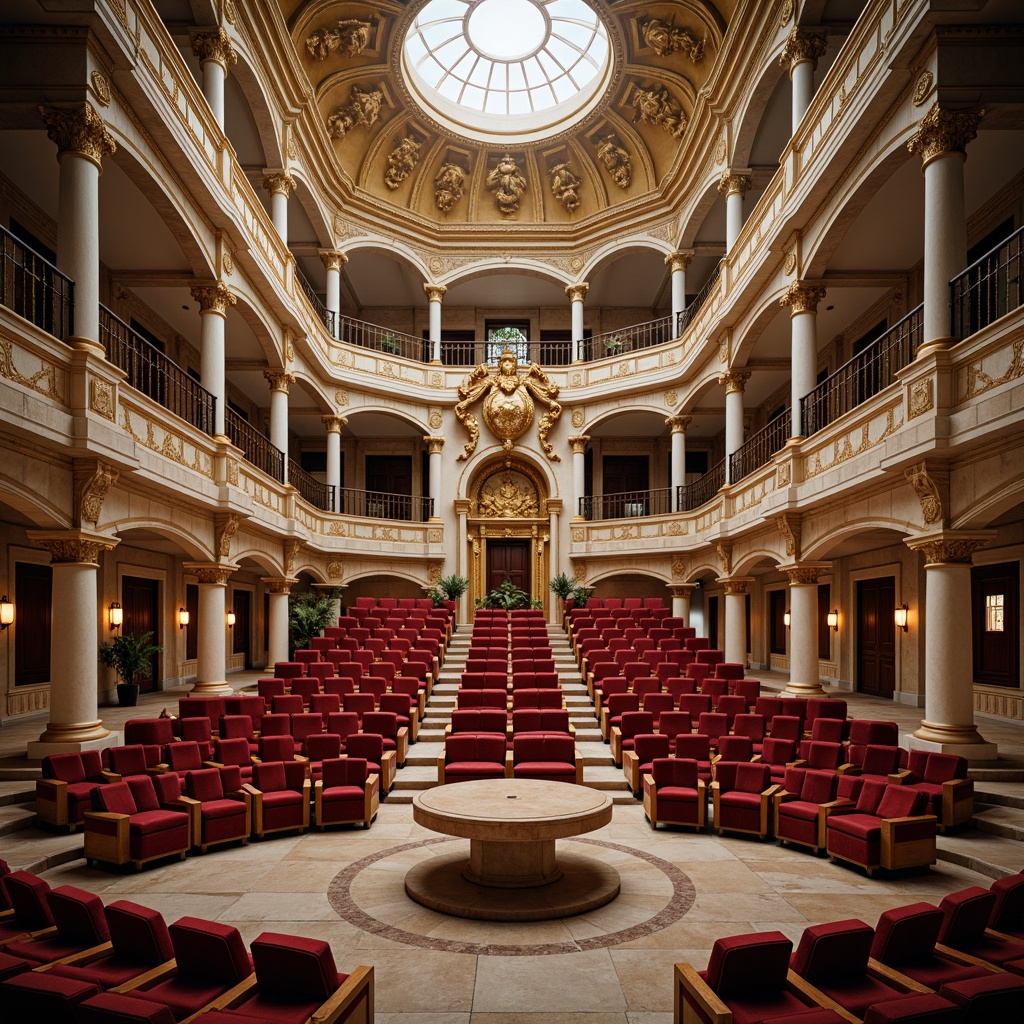 Prompt: Grand amphitheater, classicism architecture, tiered seating arrangement, marble columns, ornate carvings, red velvet cushions, gold accents, dramatic staircases, grand archways, majestic domes, soft warm lighting, shallow depth of field, 3/4 composition, panoramic view, realistic textures, ambient occlusion.