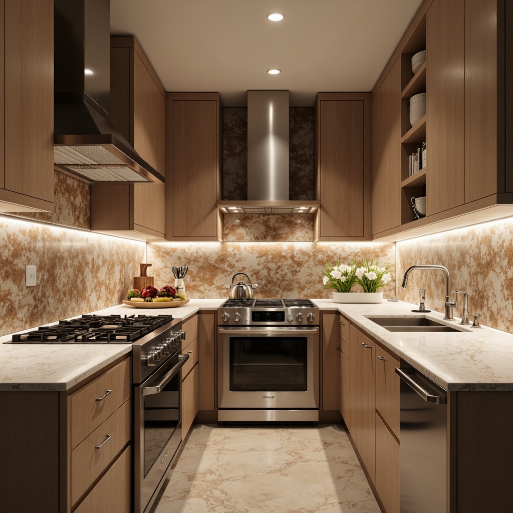 Prompt: Elegant kitchen, marble countertops, soft warm lighting, gleaming stainless steel appliances, subtle texture contrast, earthy tone backsplash, natural stone patterns, matte finish, subtle sheen, 3/4 composition, shallow depth of field, realistic textures, ambient occlusion.