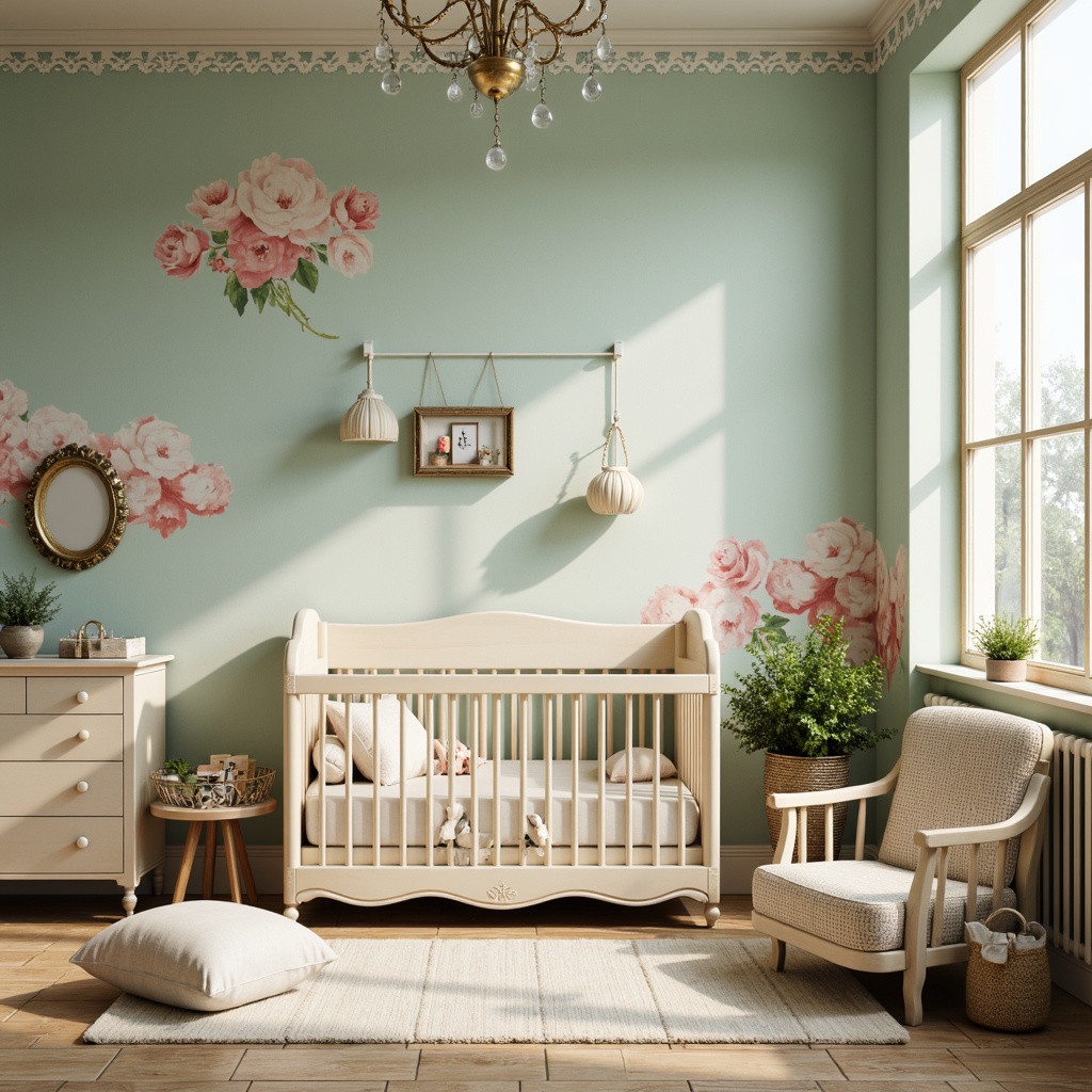 Prompt: Whimsical nursery, soft pastel hues, gentle creams, pale blues, minty fresh greens, warm beige accents, ornate wooden furniture, flowing organic lines, intricate florals, dreamy cloud patterns, delicate lace details, vintage-inspired wallpaper, subtle metallic sheen, warm golden lighting, shallow depth of field, 1/1 composition, intimate atmosphere.