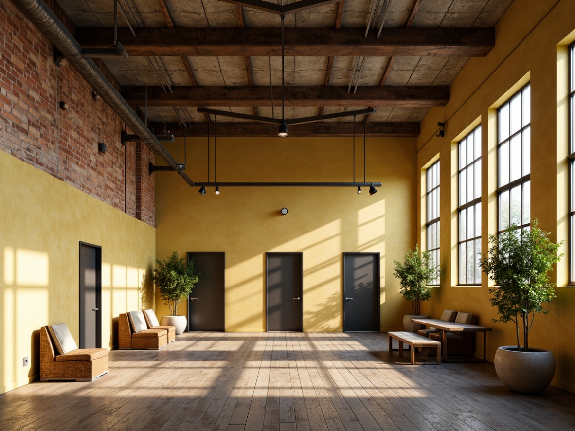 Prompt: Industrial warehouse, light yellow walls, exposed brick accents, metal beams, reclaimed wood floors, minimalist decor, functional lighting, industrial-style furniture, urban atmosphere, gritty textures, warm softbox lighting, shallow depth of field, 1/1 composition, realistic renderings, ambient occlusion.