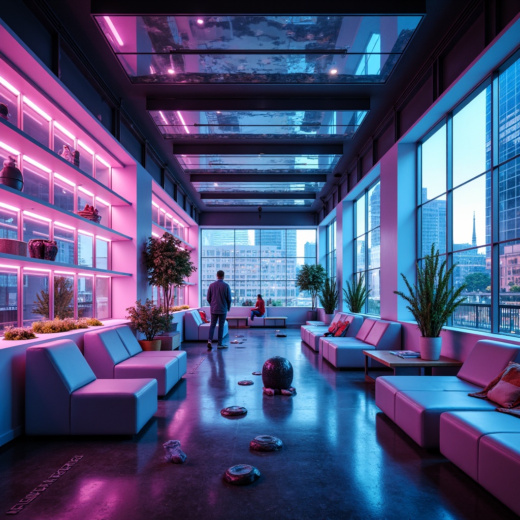 Prompt: Futuristic interior, neon-lit ambiance, metallic surfaces, iridescent accents, holographic displays, translucent glass partitions, sleek leather upholstery, luminescent textiles, ambient LED lighting, 3D-printed decorative elements, recycled plastic materials, eco-friendly fabrics, minimalist color palette, high-gloss finishes, advanced smart home systems, augmented reality interfaces, virtual reality experience zones, futuristic furniture designs, levitating shelves, gravity-defying decor, panoramic cityscape views, cyberpunk-inspired aesthetic.