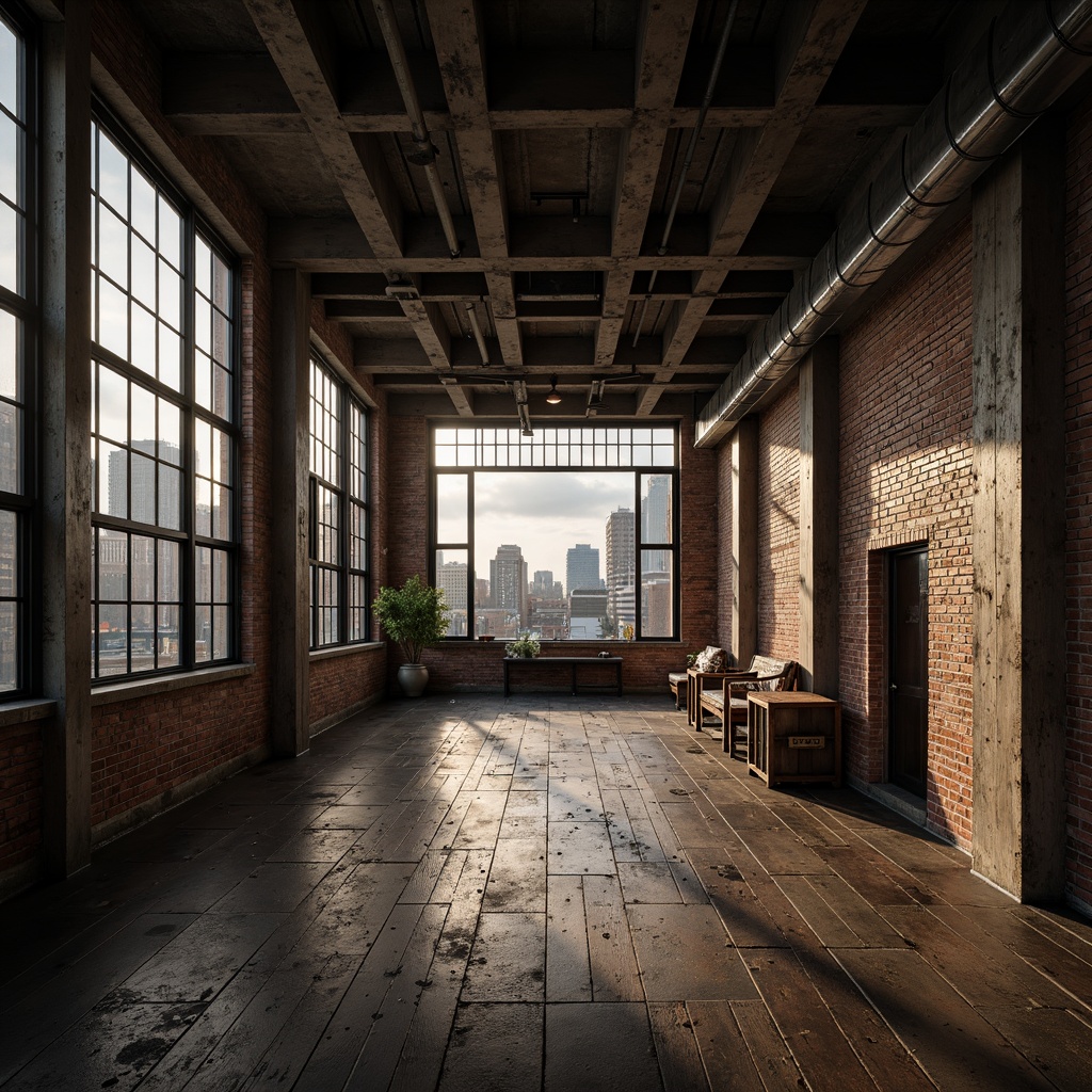 Prompt: Exposed industrial beams, rustic metal accents, reclaimed wood flooring, distressed brick walls, vintage factory windows, urban cityscape, moody cloudy day, warm dramatic lighting, shallow depth of field, 1/2 composition, gritty realistic textures, subtle ambient occlusion.