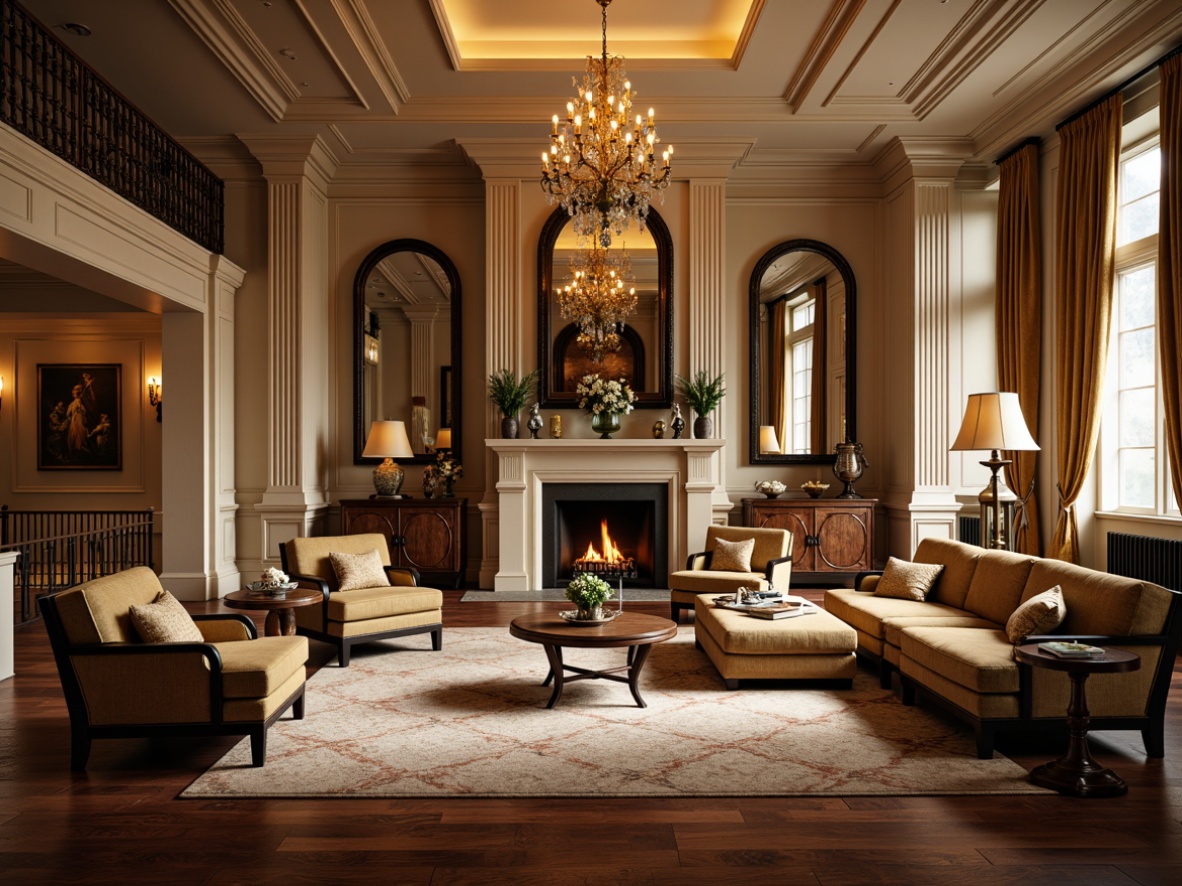 Prompt: Elegant family room, rich wood tones, ornate furniture, velvet upholstery, subtle patterned rugs, classic columnar architecture, intricate moldings, luxurious chandeliers, warm beige walls, sophisticated neutral colors, plush sectional sofas, antique vases, ornamental mirrors, lavish drapery, soft golden lighting, shallow depth of field, 1/2 composition, realistic textures, ambient occlusion.