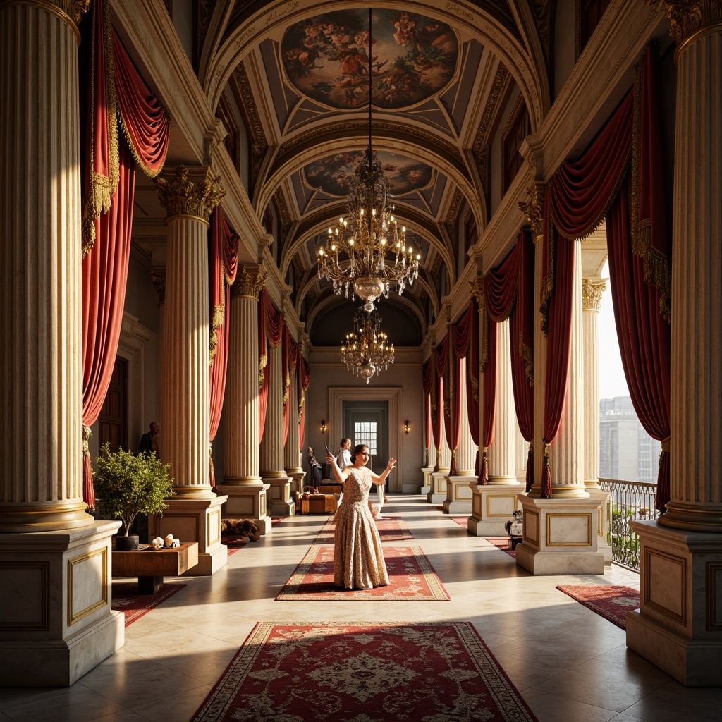 Prompt: Elegant Renaissance-style interior, ornate columns, intricately carved capitals, marble flooring, richly patterned rugs, grand chandeliers, luxurious velvet drapes, gilded moldings, classical archways, ornamental frescoes, warm golden lighting, soft shadows, atmospheric ambiance, symmetrical composition, dramatic depth of field, realistic textures, ambient occlusion.