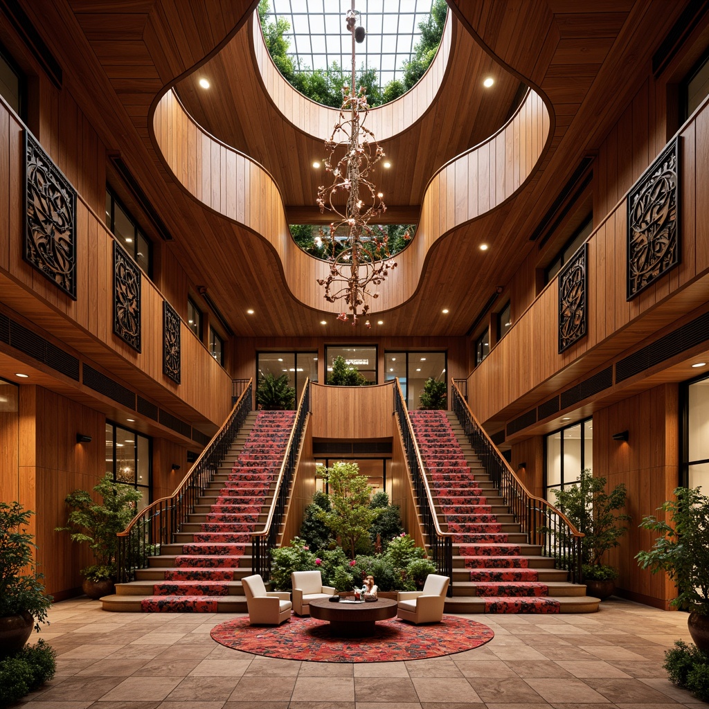 Prompt: Luxurious hotel lobby, ornate staircase, sinuous lines, flowing curves, organic shapes, vibrant floral patterns, rich wood tones, velvet upholstery, polished bronze accents, intricately carved wooden panels, grand chandeliers, soft warm lighting, shallow depth of field, 3/4 composition, realistic textures, ambient occlusion.