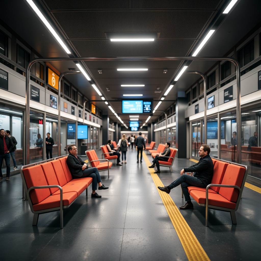 Prompt: Modern metro station interior, sleek benches, stainless steel frames, ergonomic seating, vibrant colored upholstery, ambient lighting, LED displays, information kiosks, granite flooring, minimalist decor, urban aesthetic, bustling atmosphere, rush hour scenes, dynamic crowd simulation, realistic textures, shallow depth of field, 1/1 composition, soft warm lighting, panoramic view.