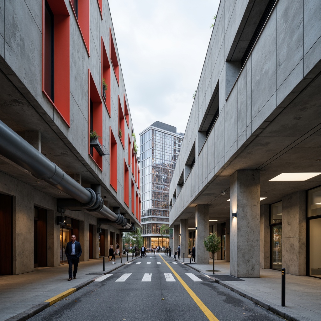 Prompt: Industrial visual arts centers, brutalist concrete buildings, angular lines, rectangular shapes, functional minimalism, primary color accents, geometric patterns, exposed ductwork, industrial lighting fixtures, metal beams, raw concrete walls, urban cityscape, cloudy day, soft diffused lighting, shallow depth of field, 2/3 composition, realistic textures, ambient occlusion.