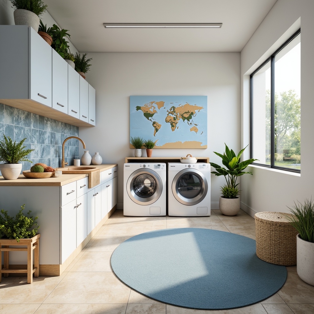 Prompt: Vibrant laundry room, bright whites, soft pastels, calming blues, warm beiges, sleek metal appliances, modern minimalist design, functional storage solutions, ample natural light, large windows, glass doors, subtle texture contrasts, cozy atmosphere, warm ambient lighting, shallow depth of field, 3/4 composition, realistic renderings.