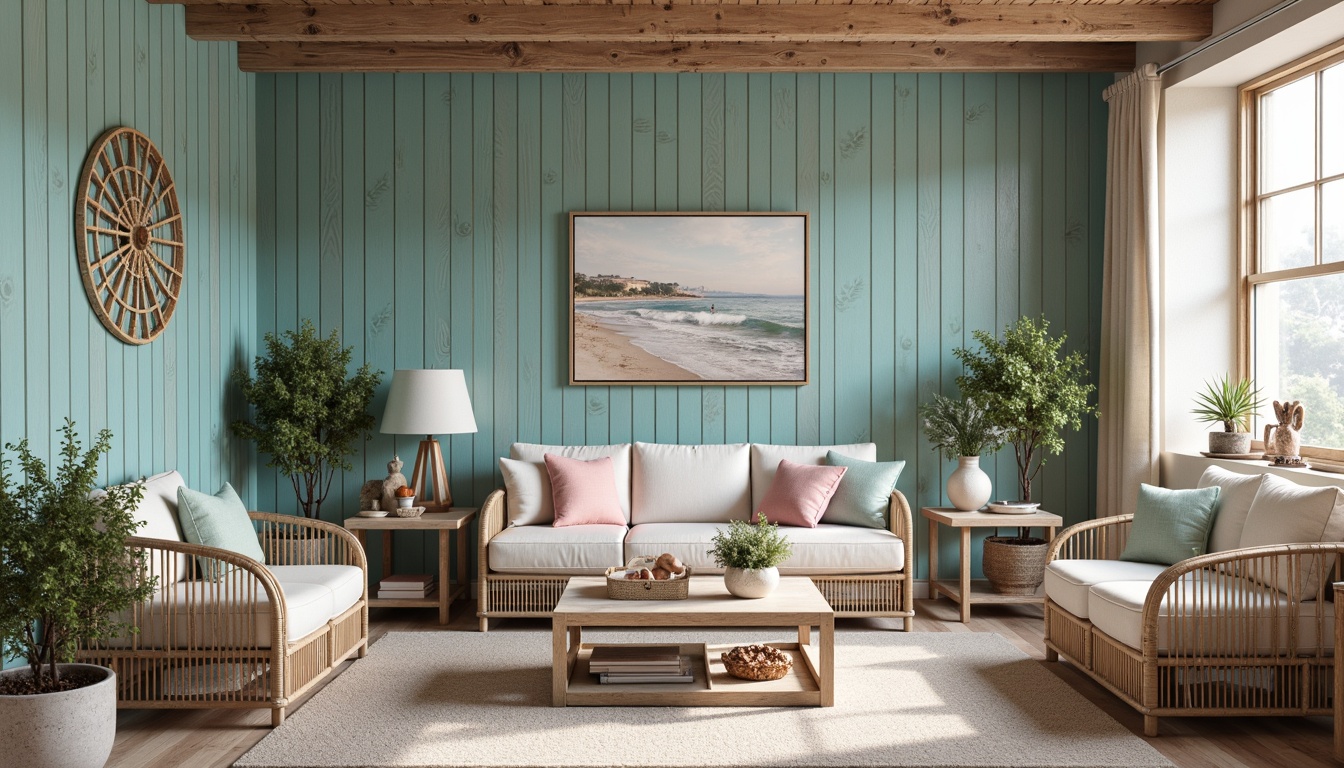 Prompt: Weathered wood accents, driftwood grey walls, calming turquoise blues, sandy beige floors, coral-inspired pinks, seafoam greenery, ocean breeze feel, natural linen fabrics, woven rattan furniture, distressed metal decor, vintage nautical accessories, soft warm lighting, shallow depth of field, 1/1 composition, realistic textures, ambient occlusion.