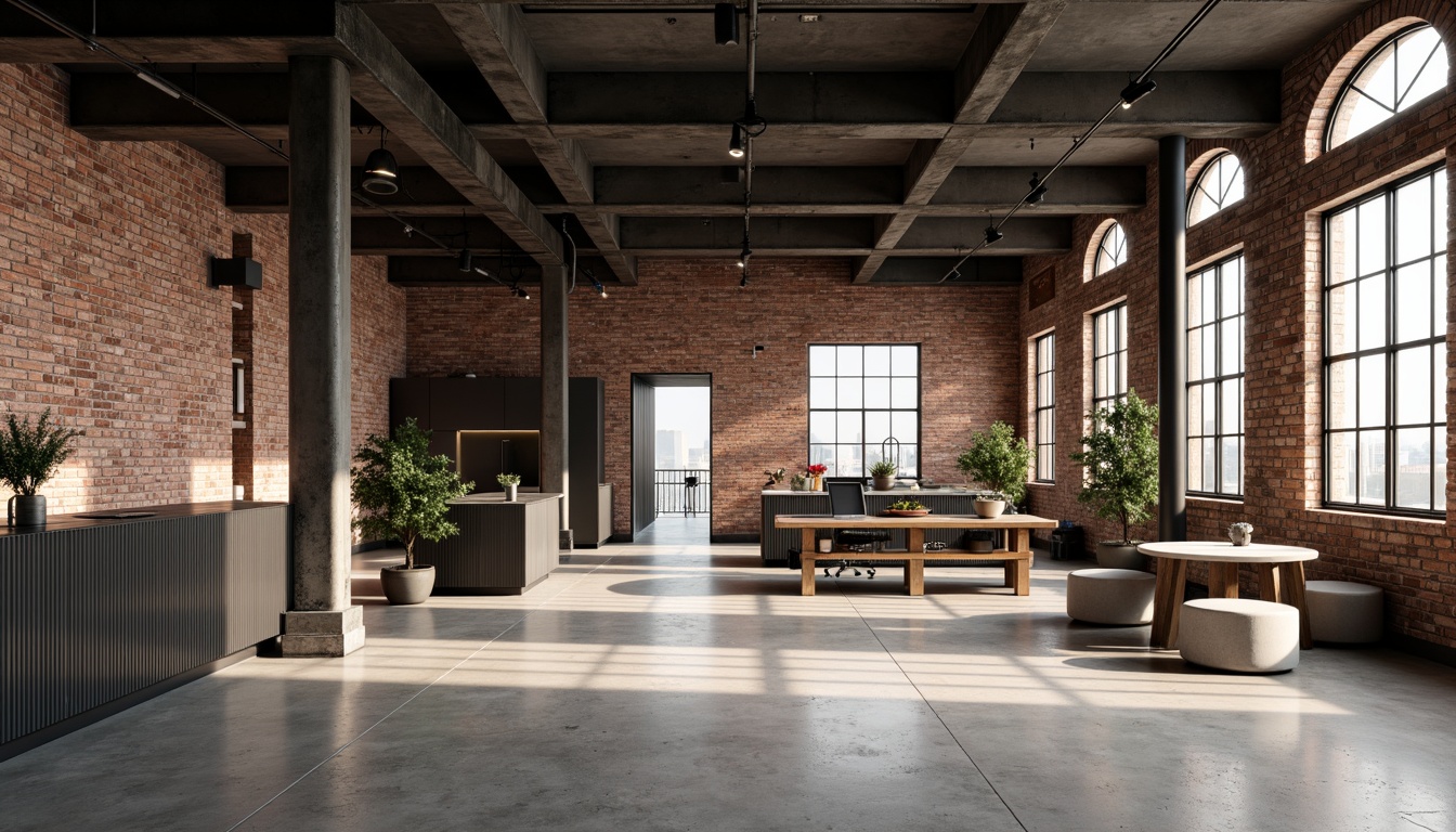 Prompt: Exposed brick walls, metal beams, polished concrete floors, distressed wood accents, industrial-grade steel fixtures, matte black metalwork, reclaimed wooden planks, corrugated metal cladding, rough-hewn stone surfaces, weathered corten steel, minimalist lighting installations, functional pipes and ducts, urban loft atmosphere, high ceilings, open spaces, natural light pouring in, soft industrial glow, shallow depth of field, 2/3 composition, realistic textures, ambient occlusion.