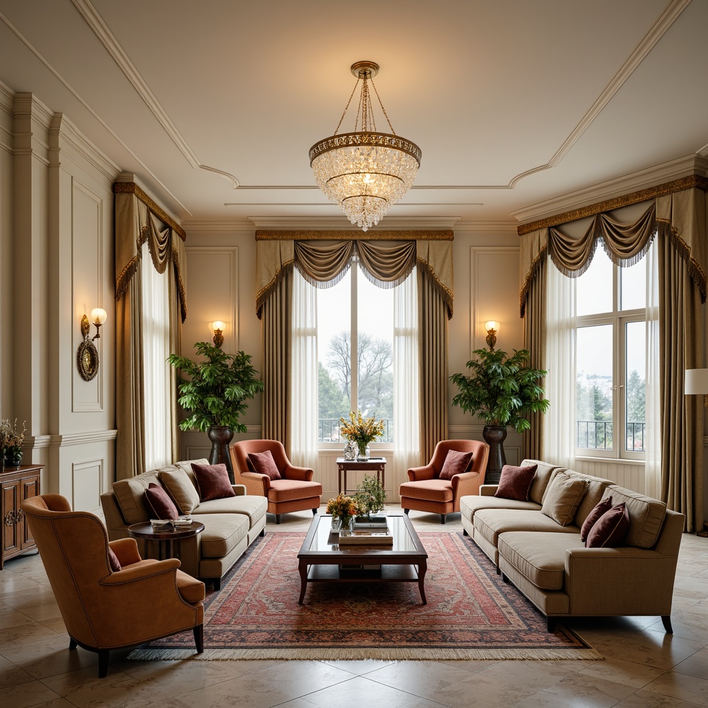 Prompt: Elegant family room, neoclassical furniture, ornate wooden frames, velvet upholstery, golden accents, crystal chandeliers, marble floors, soft cream walls, tall windows, drapery with tassel trim, classic columns, luxurious area rugs, refined coffee tables, comfortable sofas, wingback chairs, richly patterned fabrics, warm beige tones, subtle texture overlays, ambient lighting, shallow depth of field, 1/2 composition, symmetrical framing.