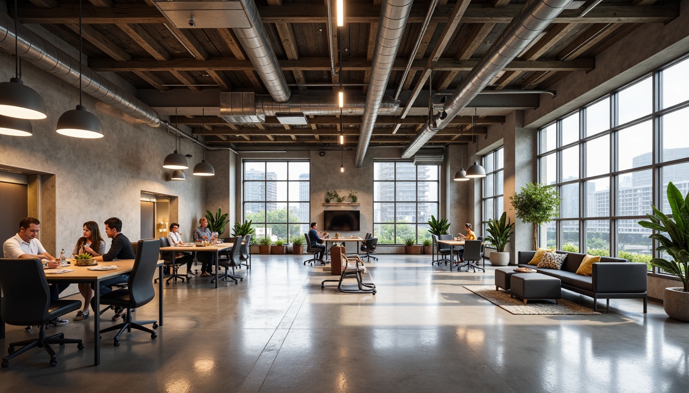 Prompt: Industrial open space, high ceiling, exposed ductwork, polished concrete floor, modern industrial lighting, suspended metal fixtures, warm white LED lights, minimalist decor, functional layout, collaborative workstations, ergonomic chairs, natural textures, urban aesthetic, daylight pouring in, diffused softbox lighting, shallow depth of field, 1/1 composition, realistic reflections, ambient occlusion.