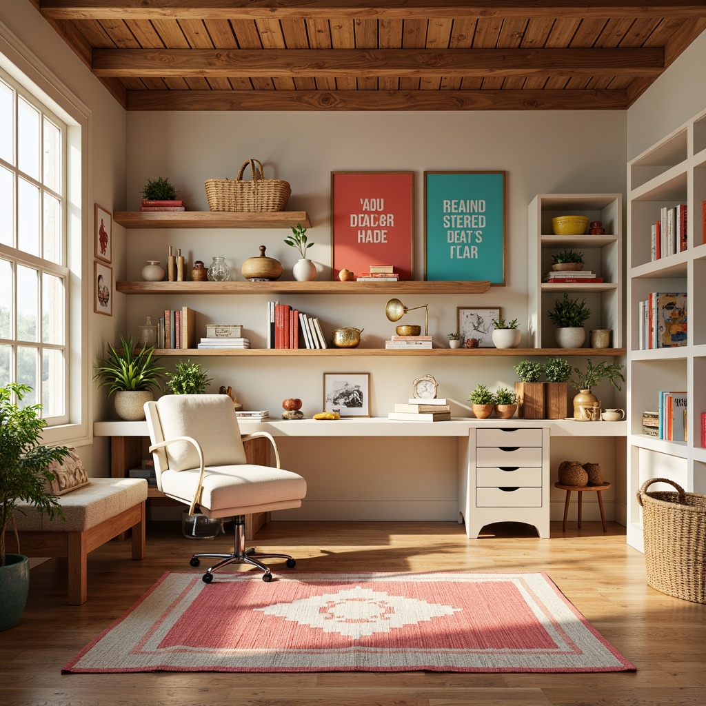 Prompt: Vibrant craft room, warm beige walls, rich wood accents, pops of bright coral, turquoise blue, sunny yellow, creamy white furniture, natural textiles, woven baskets, organized storage bins, inspirational quotes, cozy reading nook, softbox lighting, shallow depth of field, 2/3 composition, inviting atmosphere, realistic textures, ambient occlusion.