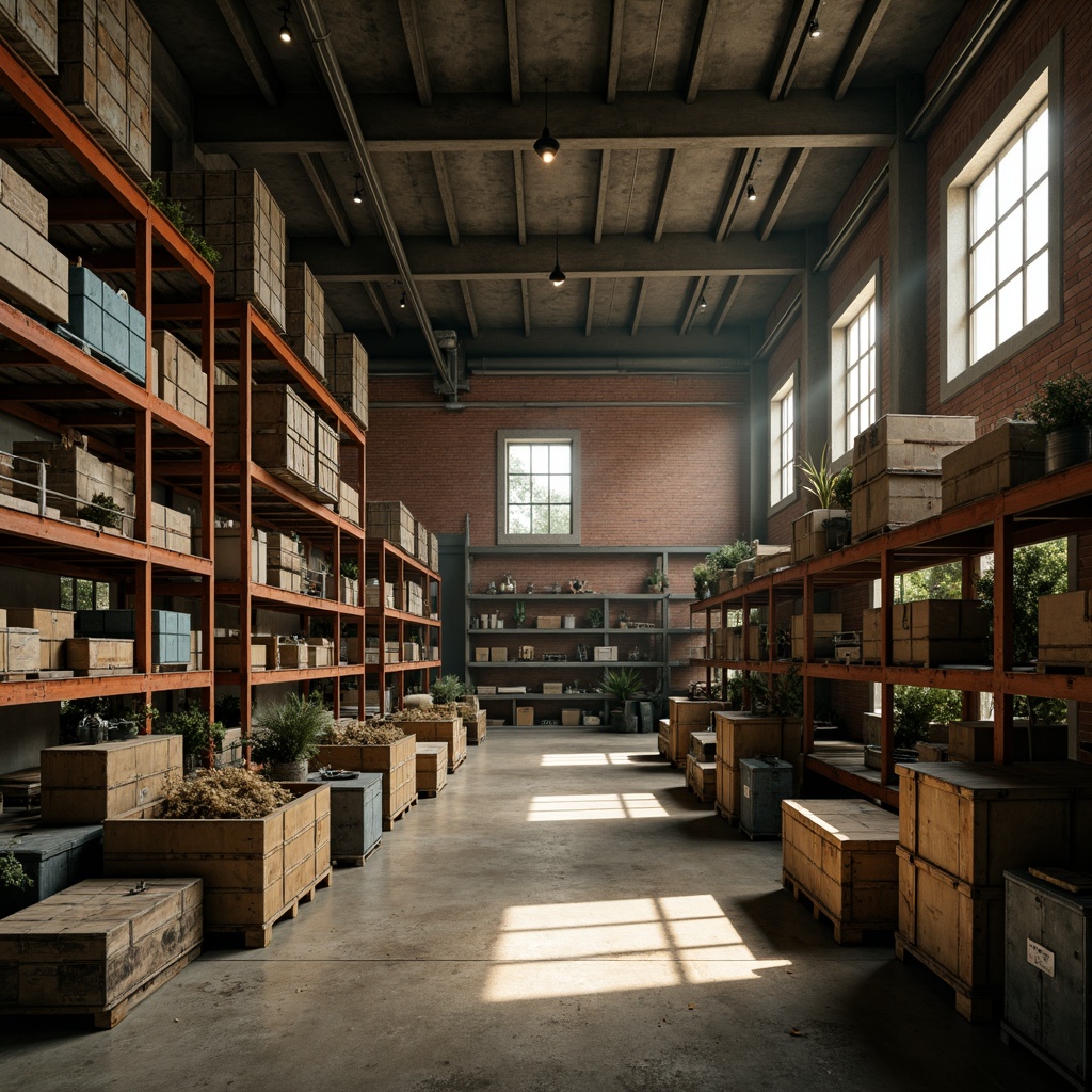 Prompt: Muted industrial storage room, rusty metal shelving units, distressed wooden crates, vintage factory lights, exposed brick walls, worn concrete floors, earthy tone color palette, mossy green accents, faded blue tones, warm beige hues, soft golden lighting, high contrast shadows, dramatic spotlighting, 1/1 composition, realistic textures, ambient occlusion.Let me know if this meets your expectations!