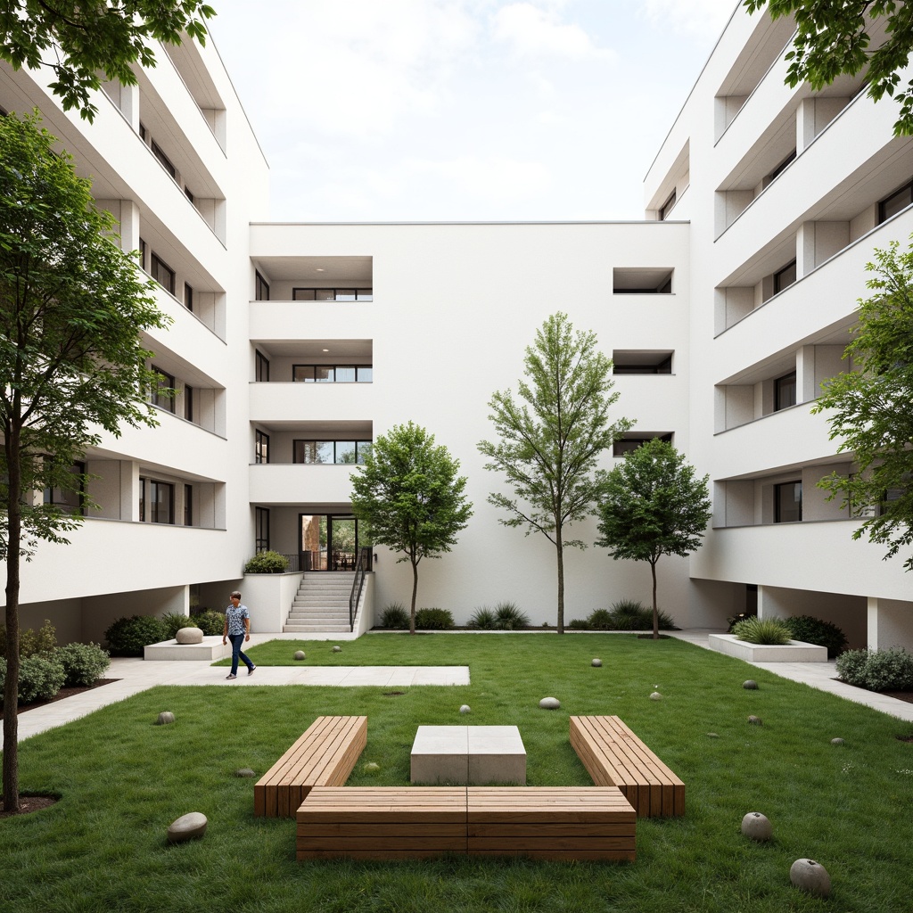 Prompt: Simple high school courtyard, open lawns, minimalist benches, clean white walls, large windows, natural light, wooden accents, subtle textures, calm atmosphere, sparse greenery, modern sculptures, abstract art pieces, geometric patterns, monochromatic color scheme, shallow depth of field, 3/4 composition, soft focus effect, realistic rendering.