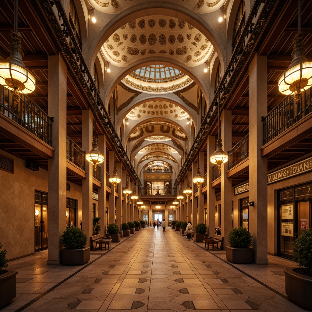 Prompt: Grand cultural center, traditional Islamic architecture, ornate arches, intricate tile work, majestic domes, warm golden lighting, soft ambient glow, lantern-style fixtures, ornate metalwork, suspended ceiling lights, grand chandeliers, LED strip lights, subtle color temperature, 1/2 composition, high contrast ratio, realistic shadows, ambient occlusion.