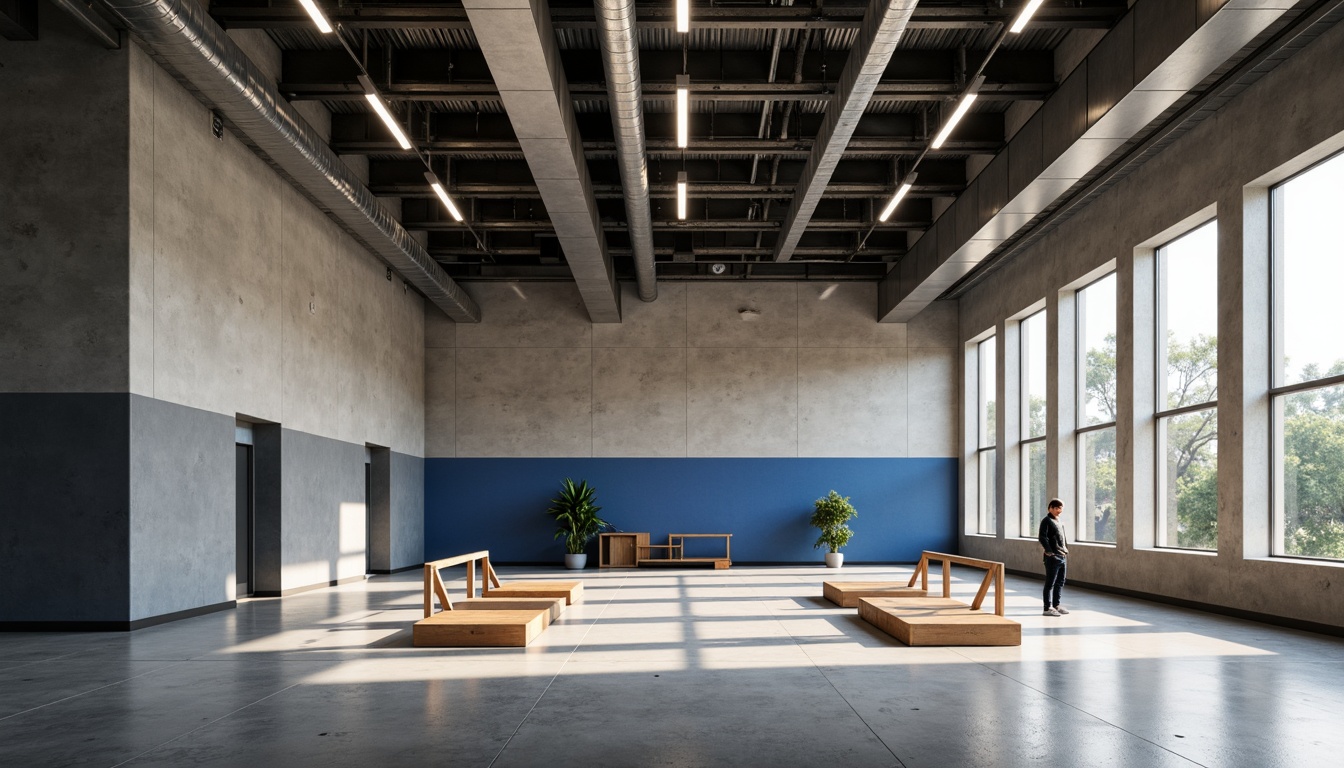 Prompt: Minimalist gymnasium interior, industrial chic aesthetic, monochromatic color scheme, muted tones of gray, beige, and white, bold accents of deep blue, polished concrete floors, exposed ductwork, sleek metal beams, minimalist lighting fixtures, modern fitness equipment, wooden gymnastic apparatus, natural textures, subtle shadows, high-contrast lighting, dramatic spotlighting, 1/2 composition, symmetrical framing, realistic reflections, ambient occlusion.