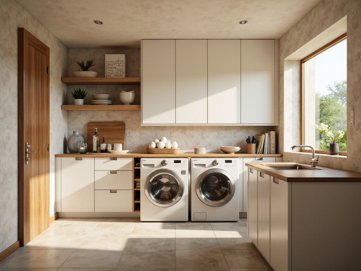 Prompt: Clean laundry room, soft natural lighting, warm beige walls, durable countertops, stainless steel sink, modern faucet, ample storage cabinets, built-in washer and dryer, sleek metal appliances, smooth stone floors, calming color scheme, minimalist decor, functional layout, efficient workflow, bright task lighting, 1/1 composition, shallow depth of field.