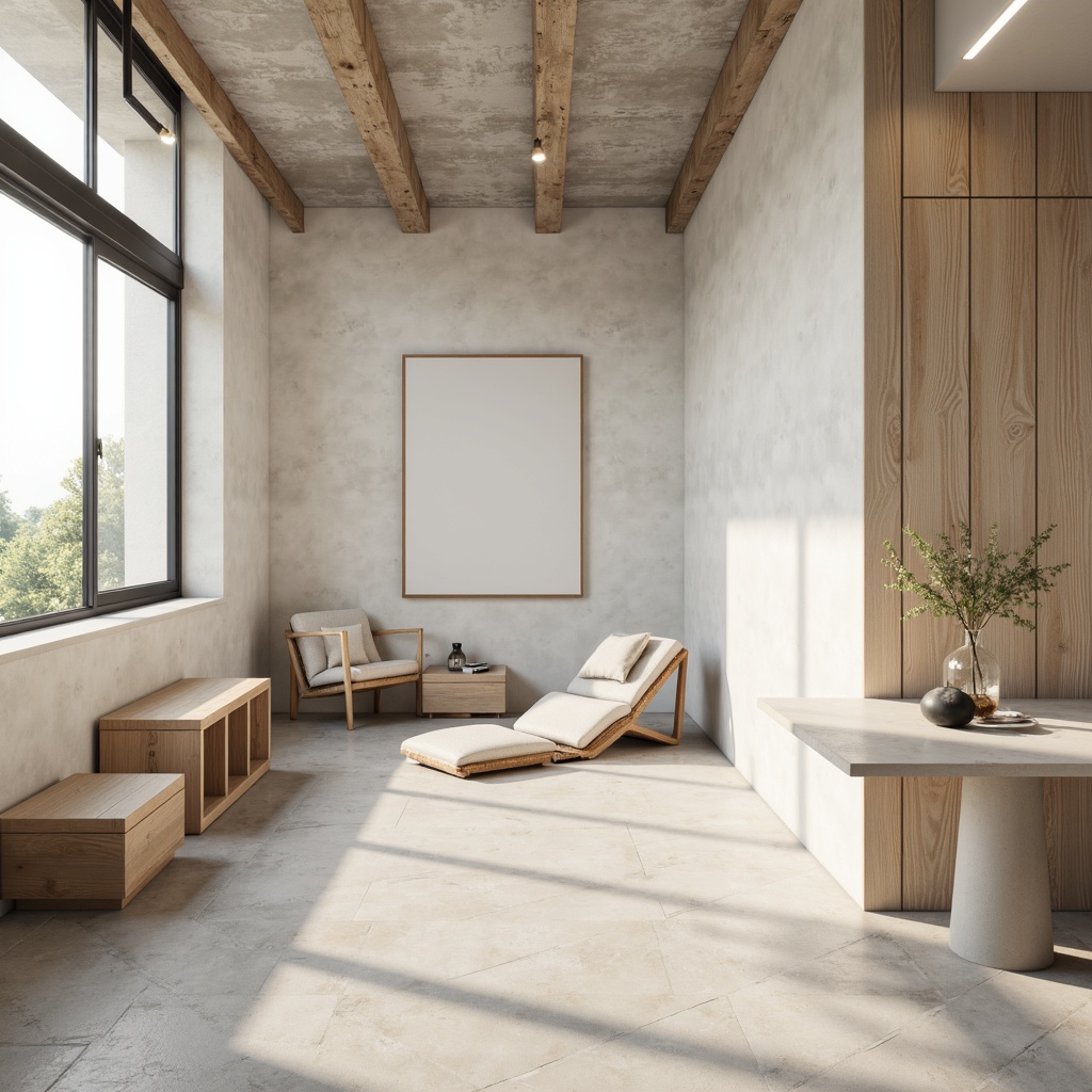 Prompt: Monochromatic interior, soft neutral tones, creamy whites, warm beiges, subtle grays, natural textures, wooden accents, clean lines, minimal ornamentation, airy openness, abundant natural light, simple shapes, industrial materials, matte finishes, calm atmosphere, shallow depth of field, 1/1 composition, realistic rendering.