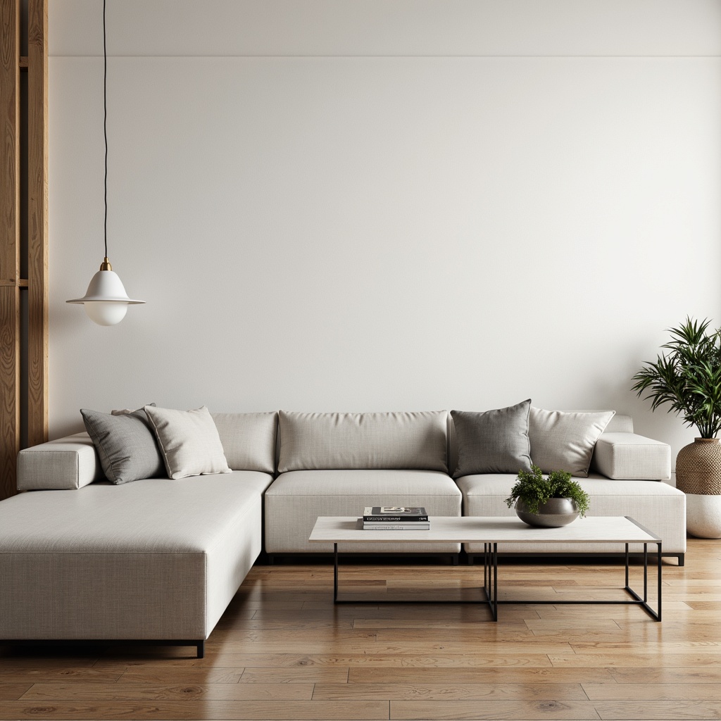 Prompt: Monochromatic interior, sleek low-profile furniture, polished wooden floors, minimal ornamentation, creamy white walls, Scandinavian-inspired decor, functional simplicity, geometric shapes, industrial chic accents, matte black metal frames, velvety soft cushions, ambient warm lighting, subtle texture contrasts, 1/1 composition, shallow depth of field, realistic reflections.