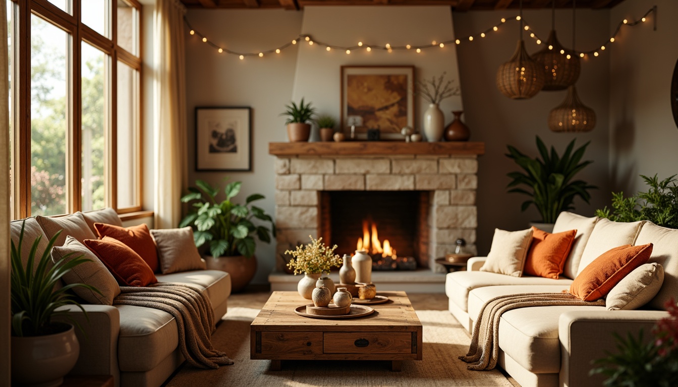 Prompt: Cozy family room, warm beige walls, plush sectional sofa, vibrant throw pillows, rustic wooden coffee table, decorative vases, lush greenery, natural stone fireplace, soft cream-colored curtains, ambient string lights, 3/4 composition, shallow depth of field, realistic textures, warm golden lighting, intimate atmosphere.