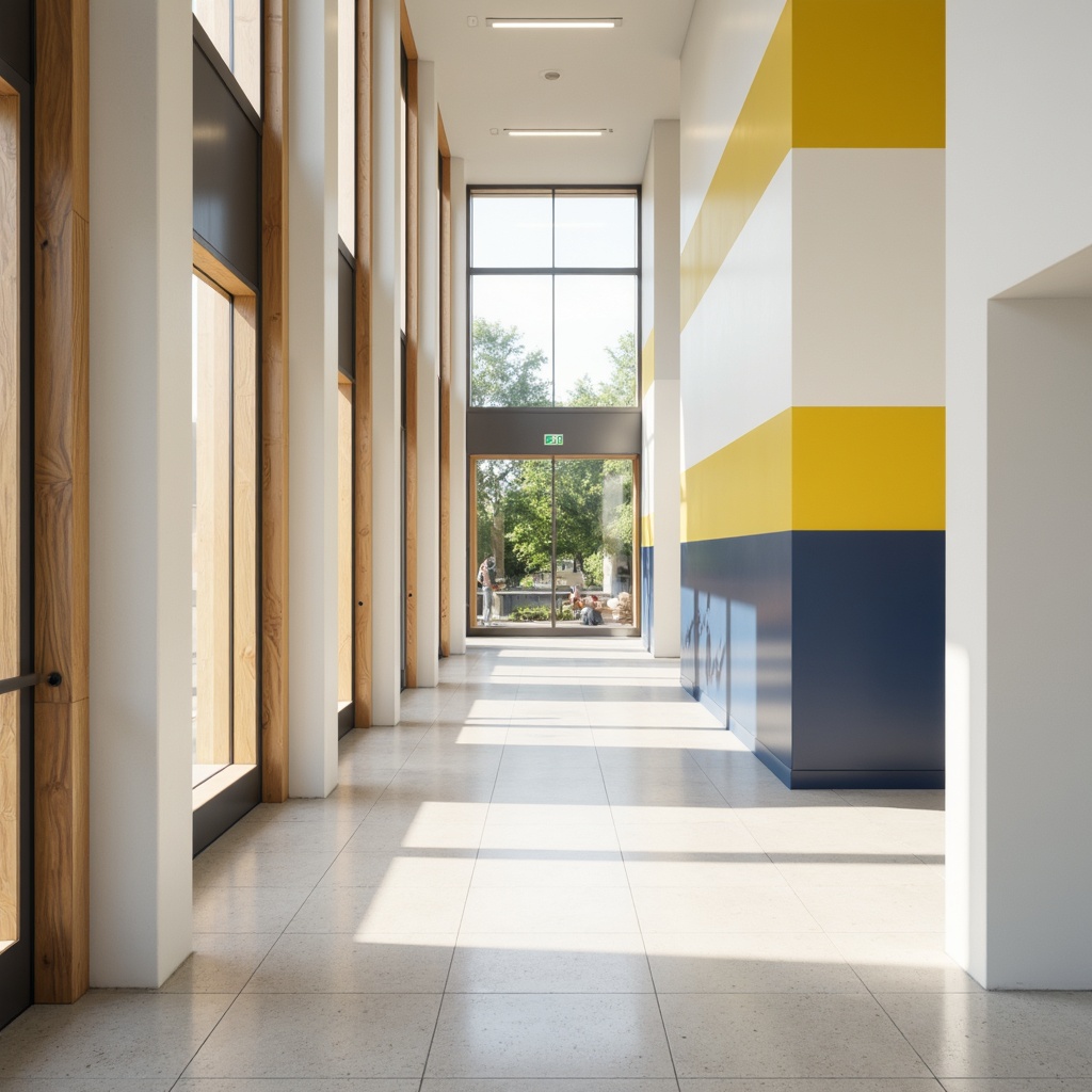 Prompt: Monochromatic high school interior, sleek minimalist design, soft creamy whites, pale grays, warm beige tones, accent walls in deep blues, bold yellow highlights, natural wood textures, polished metal fixtures, simple geometric patterns, clean lines, ample natural light, subtle shadows, 1/1 composition, realistic render, ambient occlusion.