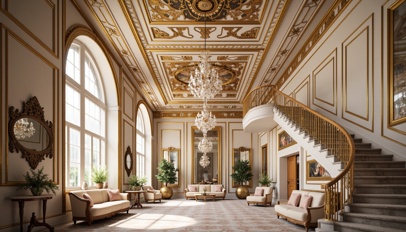 Prompt: Intricate ornateness, luxurious fabrics, gold leaf accents, crystal chandeliers, delicate carvings, sweeping archways, grand staircases, opulent furnishings, lavish decorations, pastel color palette, soft diffused lighting, shallow depth of field, 1/1 composition, symmetrical framing, ornate mirrors, gilded frames, velvet drapes, intricate moldings, floral patterns, Rococo-inspired ornaments, curved lines, whimsical details, grandiose architecture.