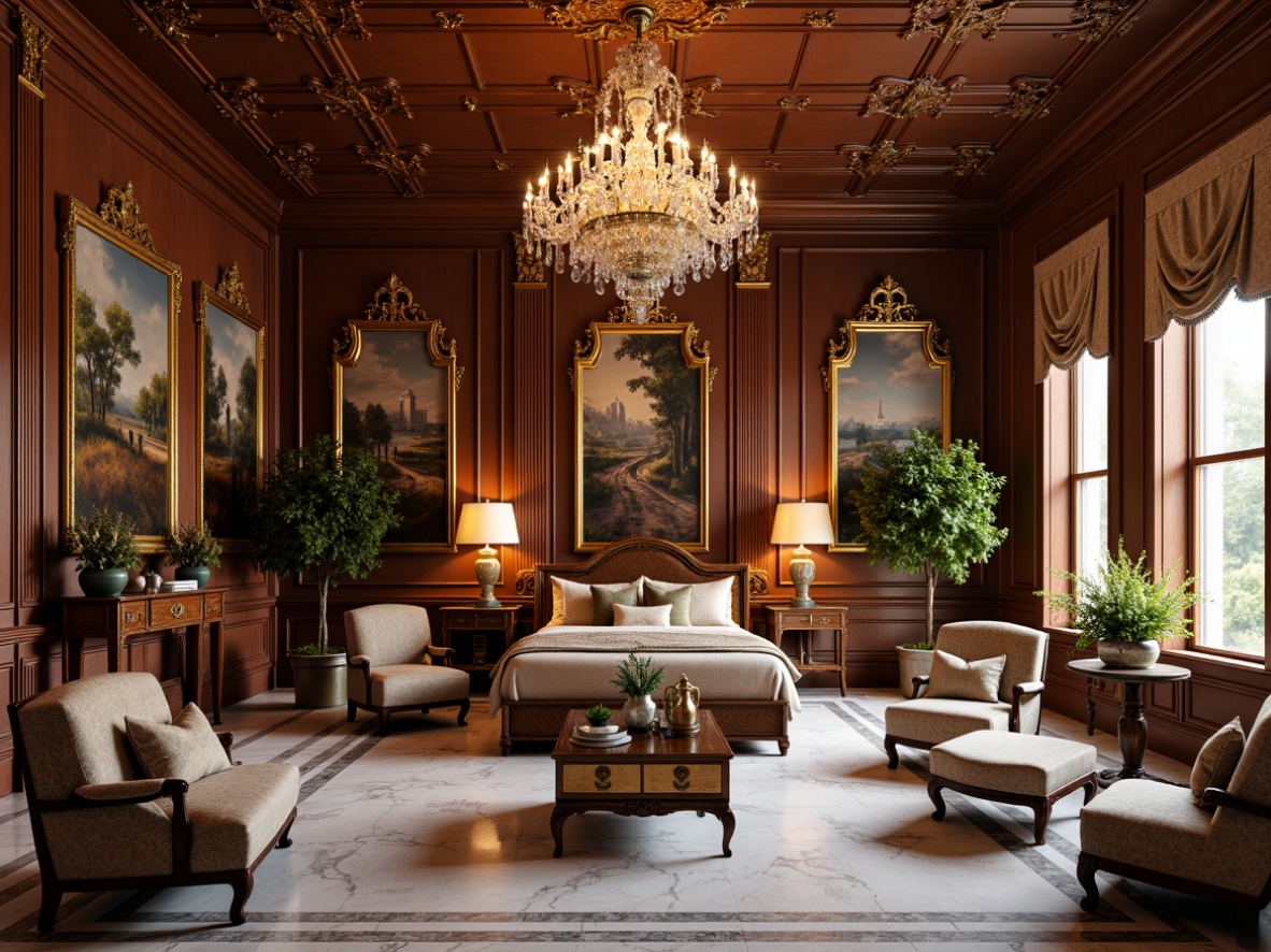 Prompt: Elegant classic mansion, ornate furnishings, rich velvet fabrics, golden accents, carved wooden paneling, luxurious marble floors, crystal chandeliers, soft warm lighting, shallow depth of field, 1/1 composition, symmetrical arrangement, realistic textures, ambient occlusion, subtle color palette, refined proportions, intricate moldings, lavish upholstery, majestic four-poster beds, ornamental mirrors, gilded picture frames.