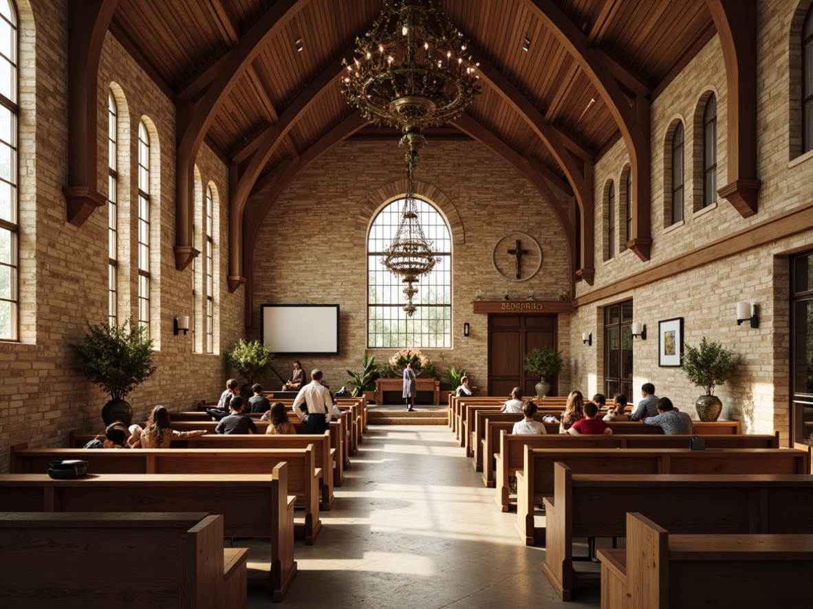 Prompt: Rustic church interior, reclaimed wood beams, stone walls, wooden pews, stained glass windows, vaulted ceiling, grand chandelier, natural light pouring, warm earthy tones, cozy ambiance, open floor plan, communal seating areas, modern minimalist decor, subtle Christian symbols, distressed wood accents, metal lanterns, soft candlelight, serene atmosphere, 3/4 composition, shallow depth of field, realistic textures, ambient occlusion.