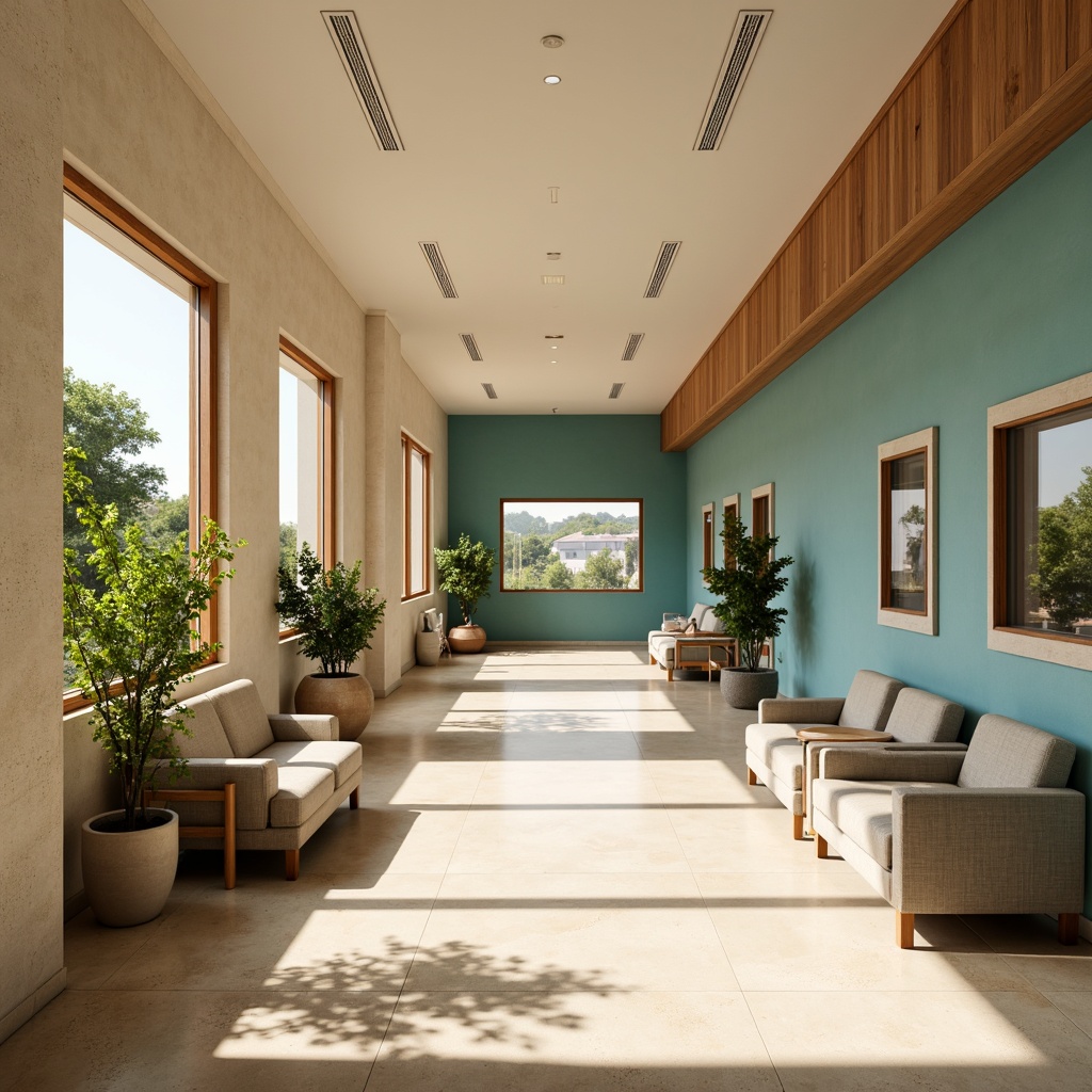 Prompt: Warm beige walls, soft creamy floors, calming blue accents, natural wood tones, earthy terracotta details, lush greenery, vibrant turquoise hints, sunny Mediterranean light, gentle warm shadows, shallow depth of field, 3/4 composition, realistic textures, ambient occlusion, modern clinic facilities, sleek medical equipment, comfortable waiting areas, soothing color scheme, peaceful atmosphere.