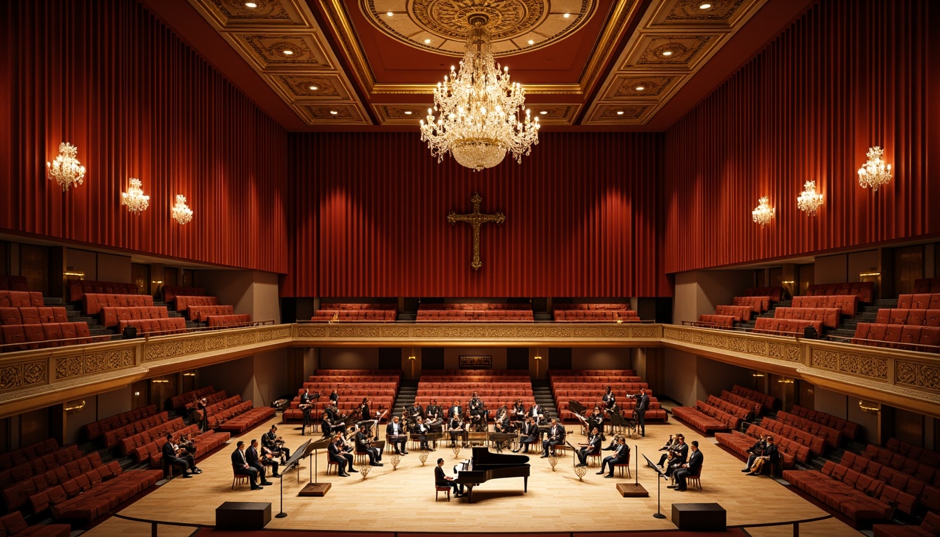 Prompt: Intimate concert hall, warm wooden tone, rich velvet drapes, ornate golden accents, classic music instruments, grand pianos, elegant chandeliers, refined soundproofing materials, precise acoustic engineering, optimal seating arrangements, immersive audio experiences, warm ambient lighting, subtle color schemes, sophisticated interior design, historic architectural references, reverberant spaces, dynamic sound waves, 1/2 composition, soft focus, shallow depth of field.