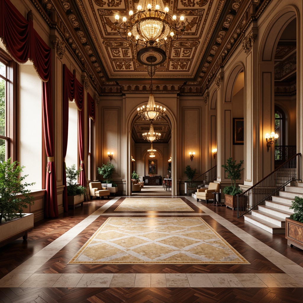 Prompt: Luxurious hardwood floors, ornate patterns, rich walnut wood, creamy marble tiles, elegant herringbone design, sophisticated parquet flooring, refined border motifs, antique furniture pieces, opulent chandeliers, lavish drapery, classic Greek columns, stately archways, grandiose staircases, warm soft lighting, 1/1 composition, shallow depth of field, realistic textures, ambient occlusion.