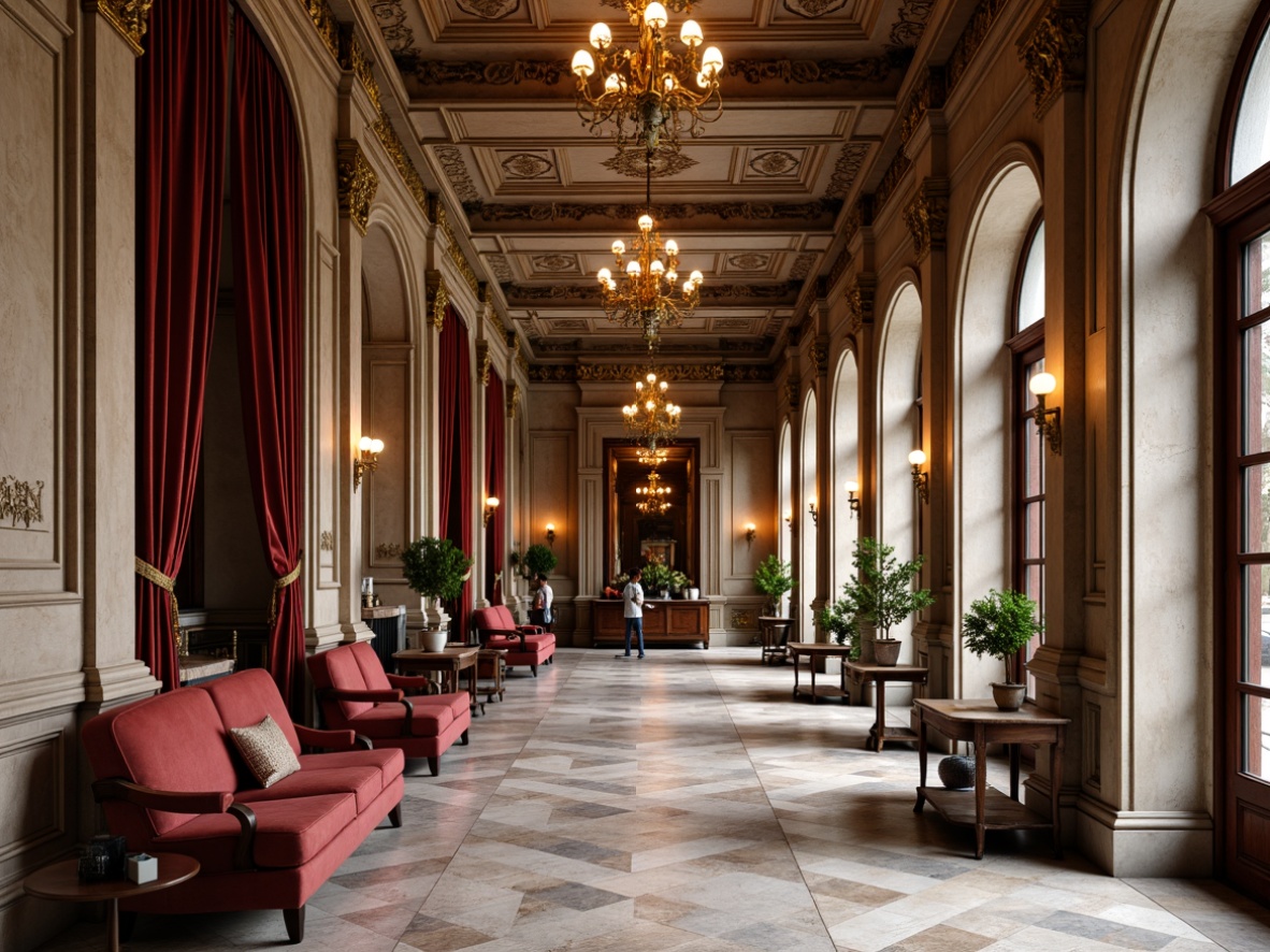 Prompt: Elegant Renaissance-style interior, ornate columns, intricately carved capitals, richly textured marble floors, luxurious velvet drapes, grand chandeliers, ornamental mirrors, lavish furnishings, intricate moldings, soft warm lighting, shallow depth of field, 1/1 composition, symmetrical arrangement, classic color palette, subtle golden accents.