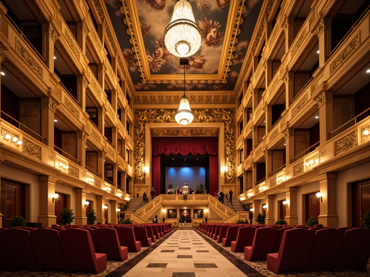 Prompt: Grand concert hall, ornate chandeliers, marble floors, intricately carved wooden panels, gilded moldings, velvet curtains, plush red seats, ornamental balconies, crystal sconces, frescoed ceilings, sweeping staircases, lavish foyers, neoclassical archways, symmetrical compositions, warm golden lighting, dramatic spotlights, shallow depth of field, 1/1 composition, high-contrast rendering, realistic textures, ambient occlusion.