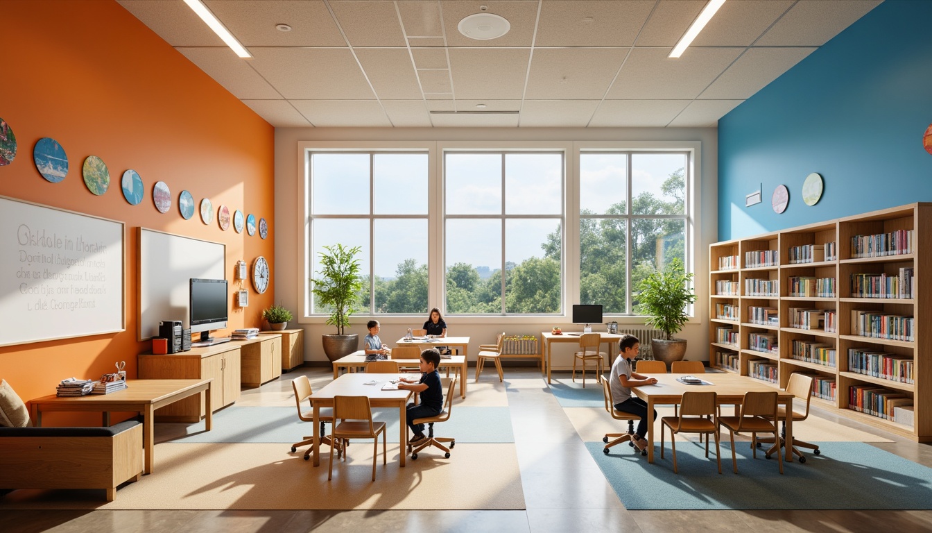 Prompt: Vibrant elementary school interior, bold color accents, playful polka-dot walls, wooden furniture, ergonomic chairs, collaborative learning spaces, interactive whiteboards, minimalistic shelving units, soft-box lighting, rounded corners, eco-friendly materials, natural fiber carpets, calming blue tones, stimulating orange hues, neutral beige backgrounds, airy open-plan classrooms, flexible modular layouts, creative art corners, inspirational quote decals, modern abstract artwork, cheerful staff lounges, cozy reading nooks, warm indirect lighting, 1/2 composition, shallow depth of field, realistic textures.